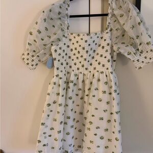 Hill House White Mini Dress with Green Floral Print